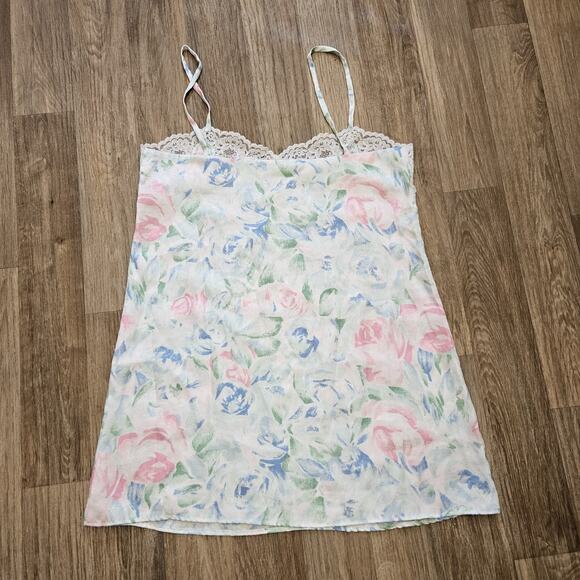 Vtg Floral Slip Dress Womens L Pastel Lace Trim Cottagecore Coquette Romantic - Picture 5 of 7